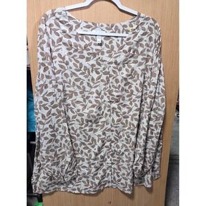 D &Co Size 1X Leaf Print Button Down Blouse Tunic Style Top Tan Beige Long Sleev